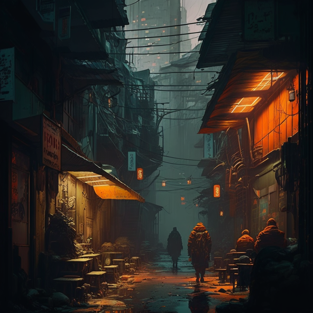 assassins , AI art, cyberpunk, city, neon, alleyway, city lights