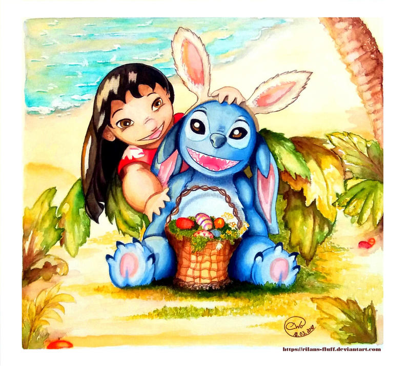 Lilo and Stitch playing video games, commission by clefchan on DeviantArt