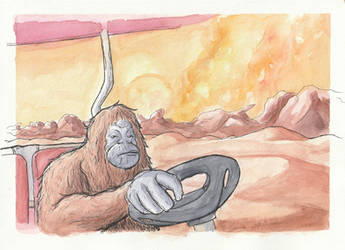 Orangutang driving through Mars watercolor