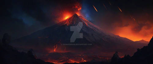 Apocalyptic night mountainscape volcano