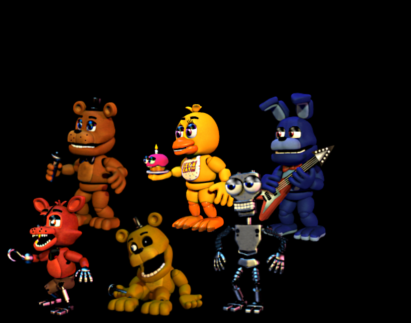 Fnaf 1 animatronics except they are more accurate to their fnaf world  appearance.