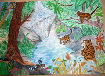 Tropical rainforest tiger and cubs