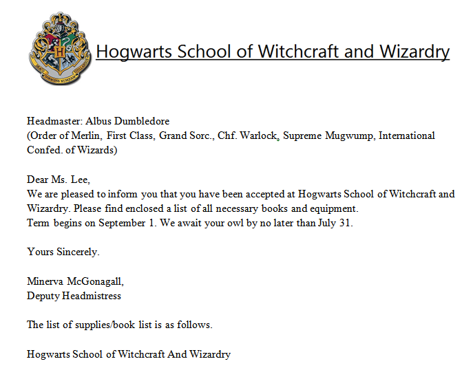 Hogwarts acceptance letter.