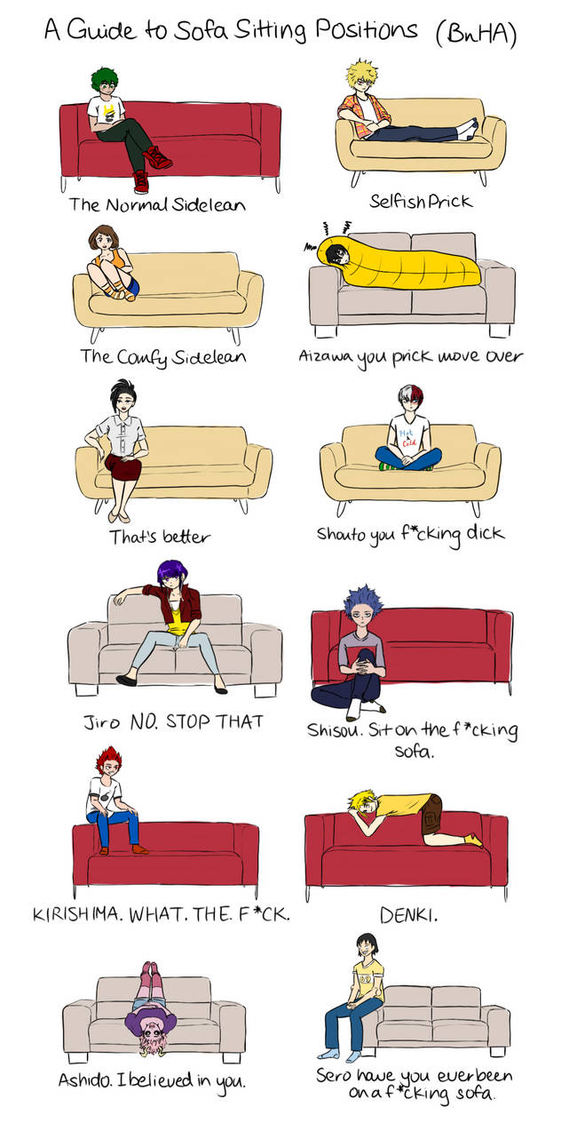 A Guide to Sofa Sitting Positions (BnHA) by AllHailTheFandom on DeviantArt