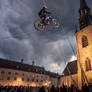 Action photo at dusk on the town square with many