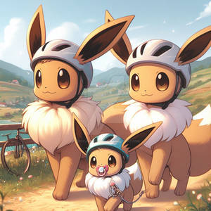 Family of Eevee walking in the field with bike hel