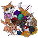 Mommy Cat and Kittens Play With Yarn CLR