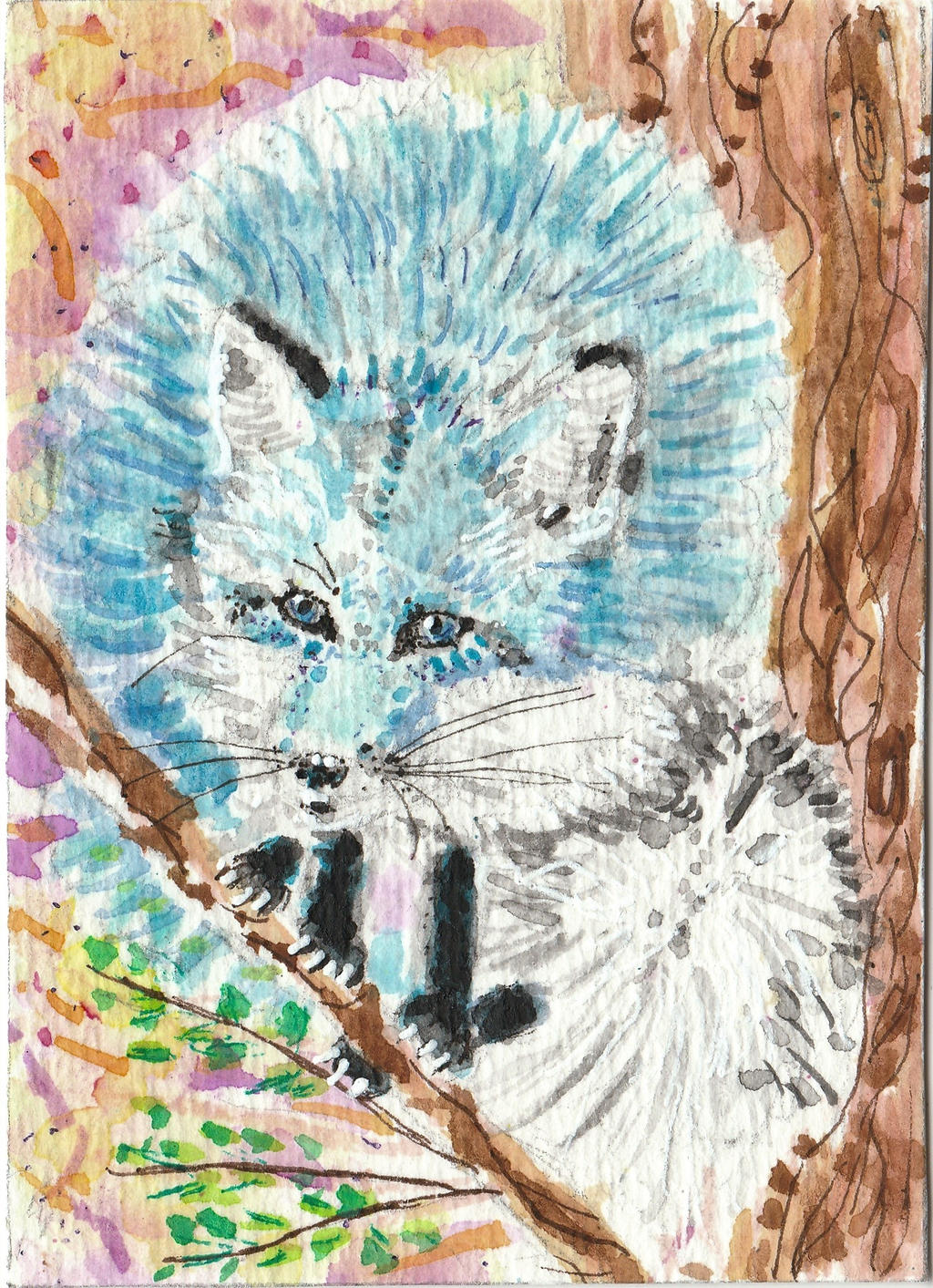 Blue  Fox in a tree  watercolor painting