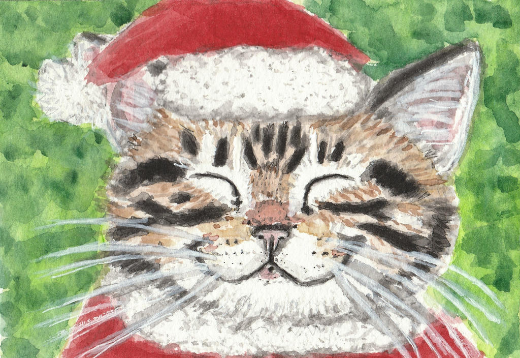 Happy Tabby  cat in Christmas hat  watercolor