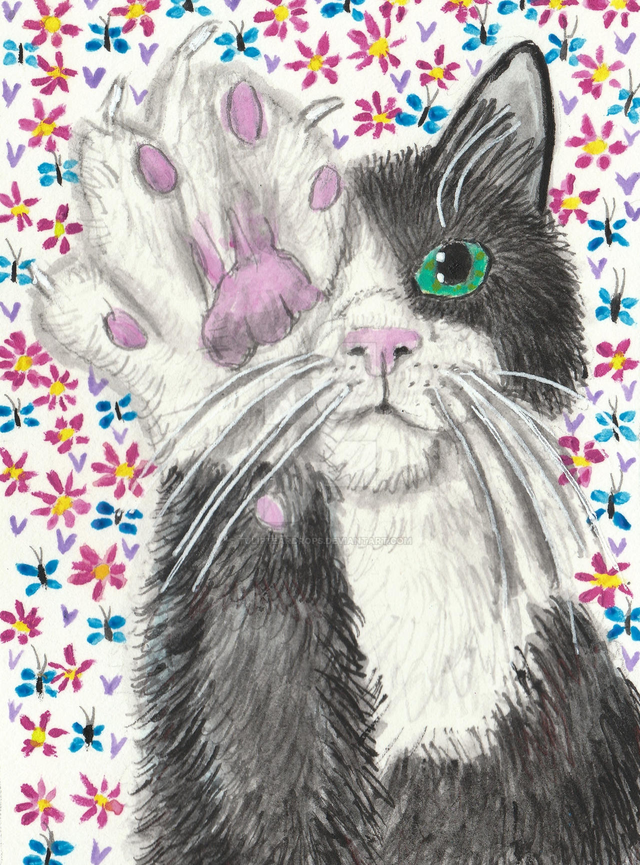 cat with up acrylic painting tulipteardrops on