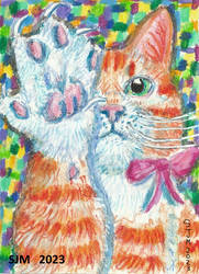 Paw up ginger cat neocolor painting aceo