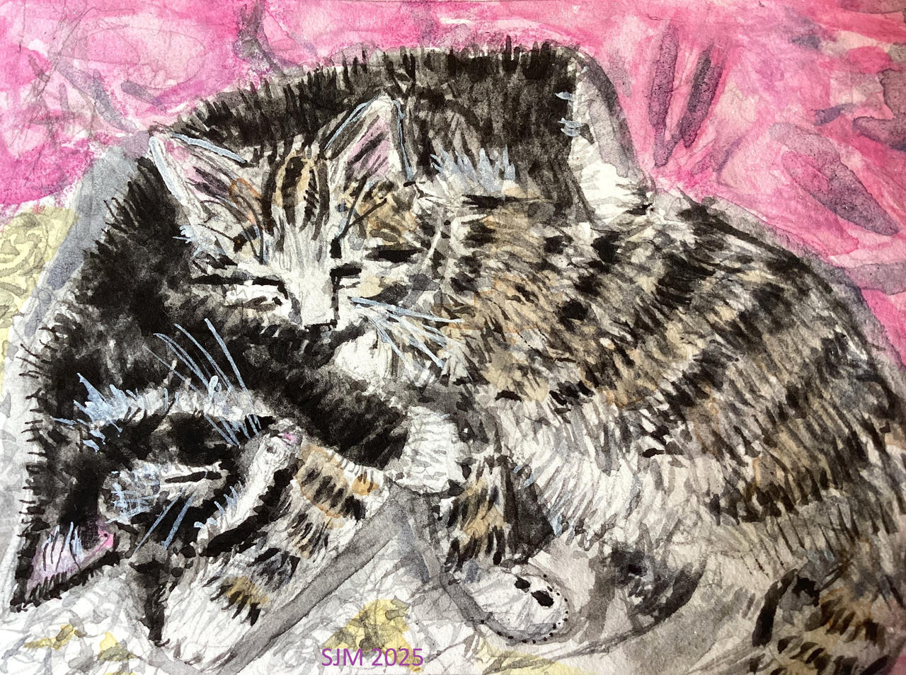 Snuggling kittens watercolor aceo painting
