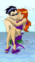 Robin and Starfire at the beach