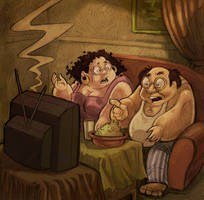 Fat guys watching TV