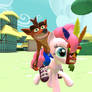 Crash Bandicoot rides on Pinke Pie