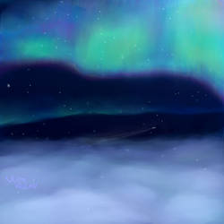 The polar lights over clouds.