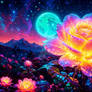 Glowing neon cosmic rose garden