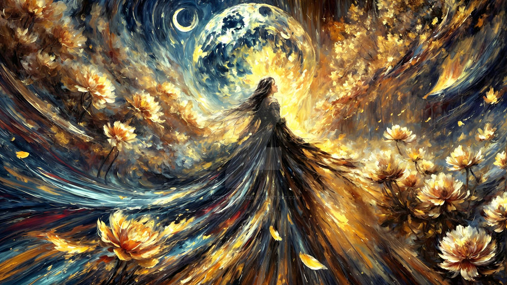 The woman with celestial cosmic flowers dress