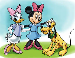 Minnie Mouse, Daisy Duck and Pluto