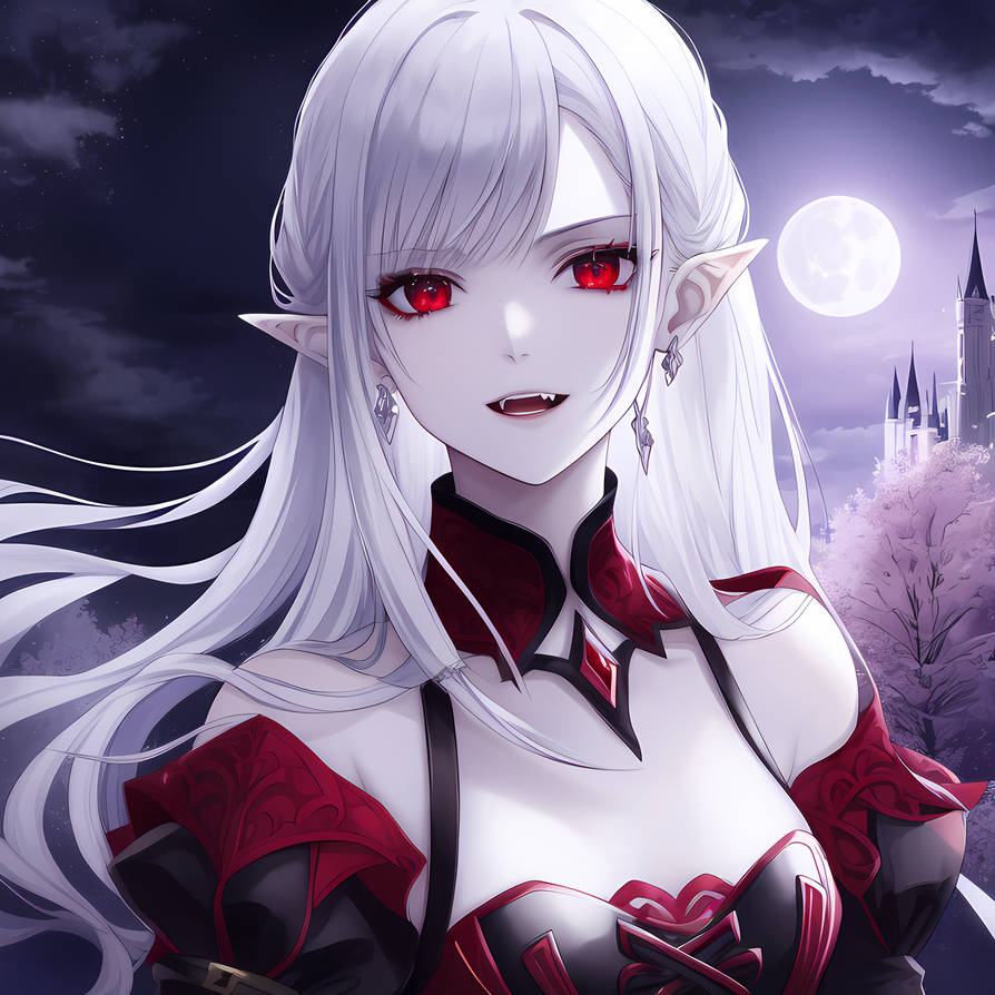 visible-elk918:   , elf vampire girl with white hair and red eyes. anime style
