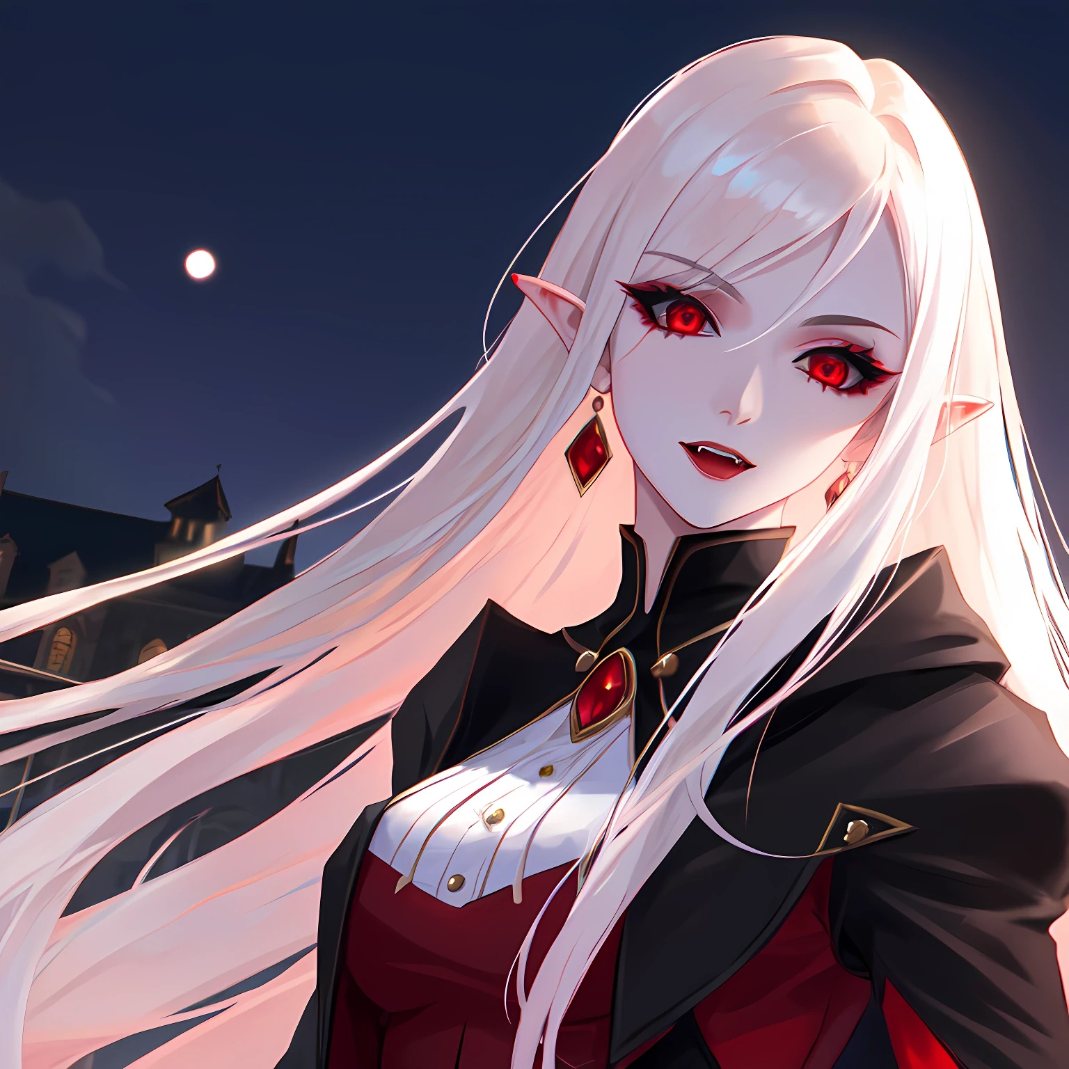 visible-elk918:   , elf vampire girl with white hair and red eyes. anime style