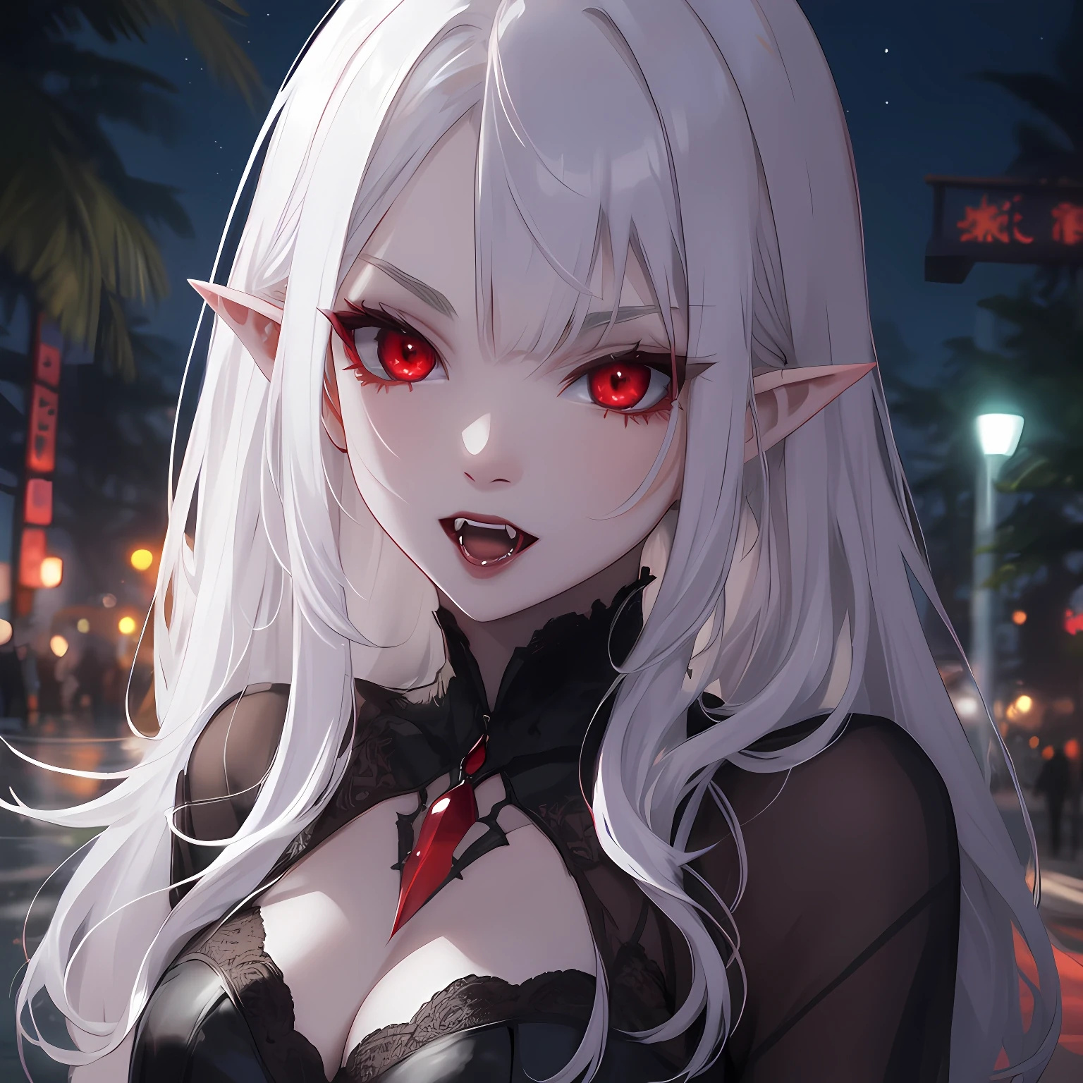 visible-elk918:   , elf vampire girl with white hair and red eyes. anime style