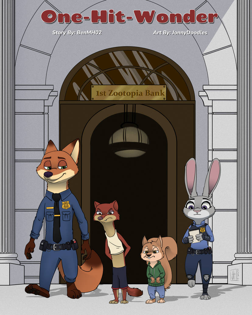 Nick and Judy in police uniform lead 2 arrested criminals out of a bank. They are Duke Weaselton and a squirrel named Percy.