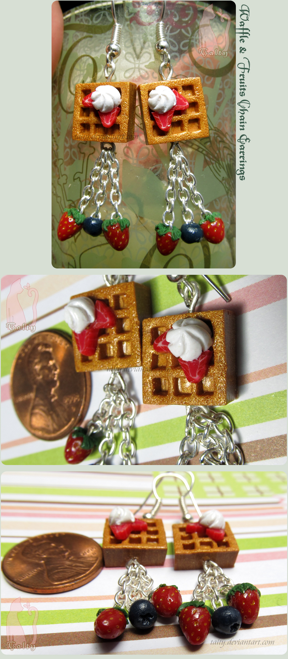 Polymer Clay Waffle and Fruits Chain Earrings