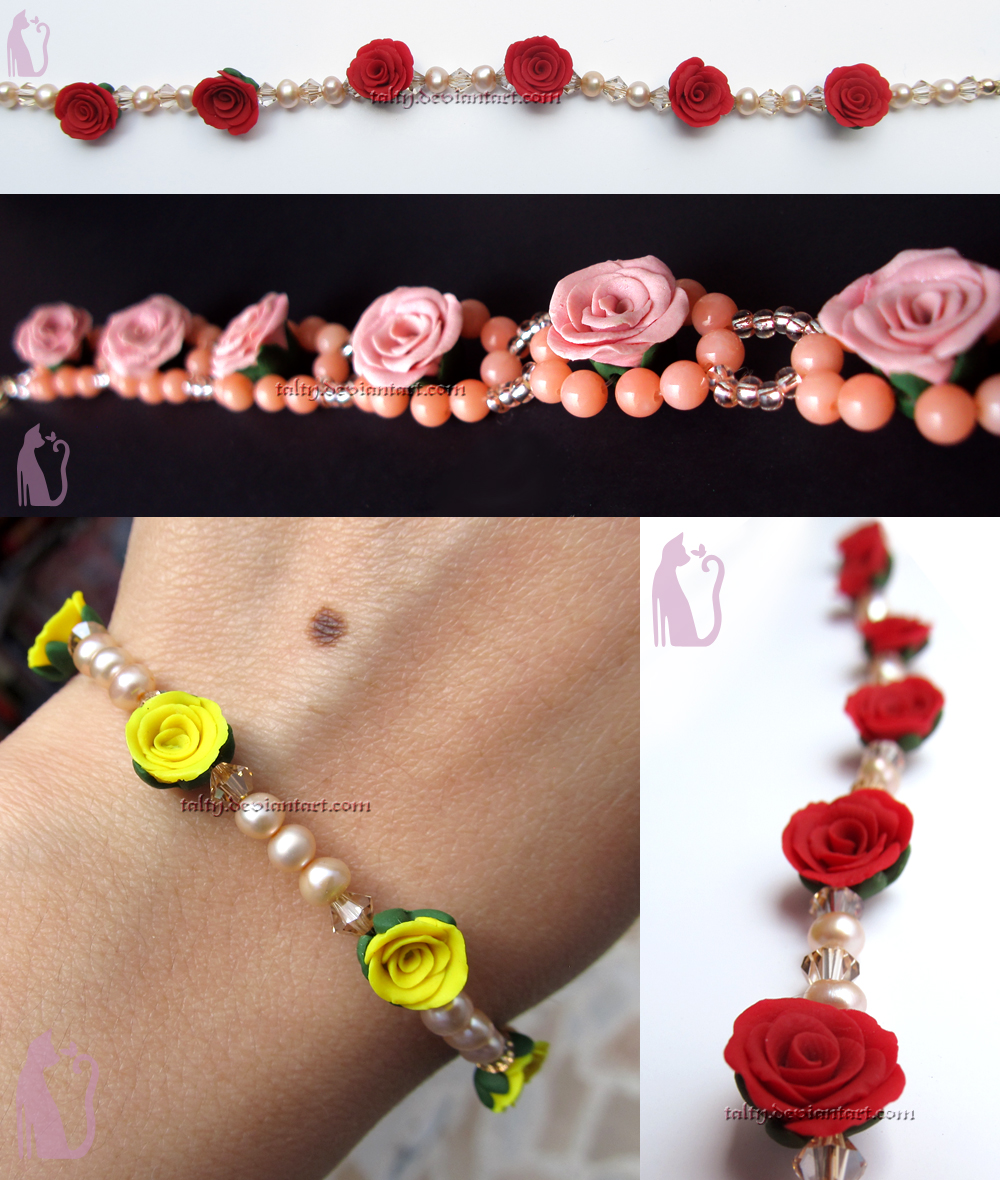 Pink, Red and Yellow Rose and Pearl Bracelets