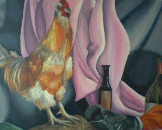 Drunk rooster with a shoe