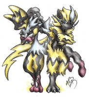 Zeraora and shiny MegaLucario, the yellow fellows