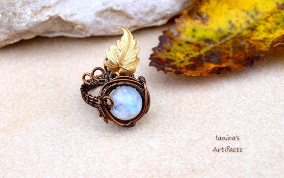 Moonstone wire wrapped adjustable ring with leaf