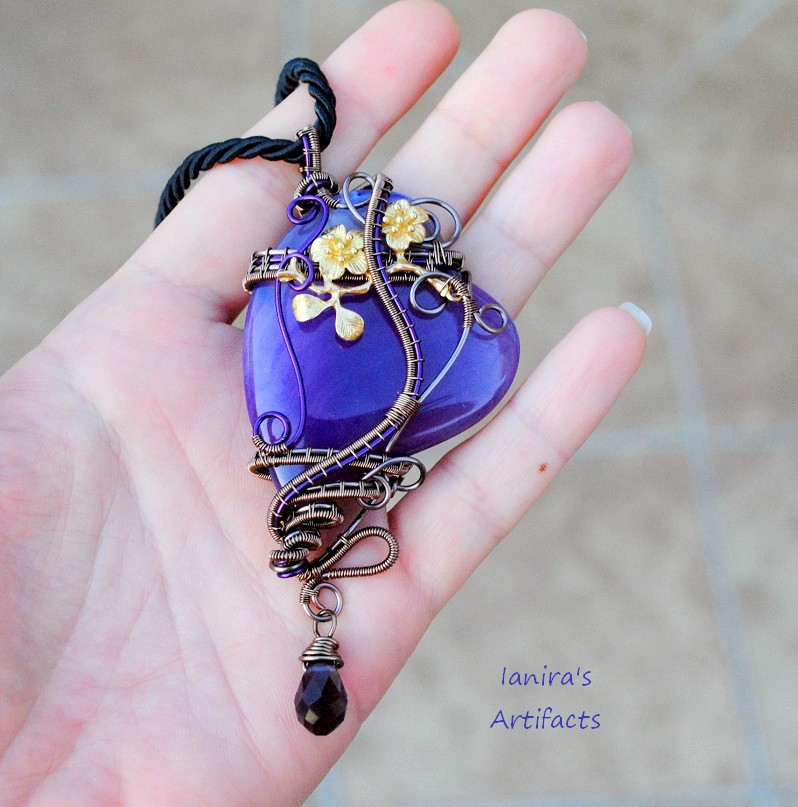 Purple agate heart wire wrapped pendant