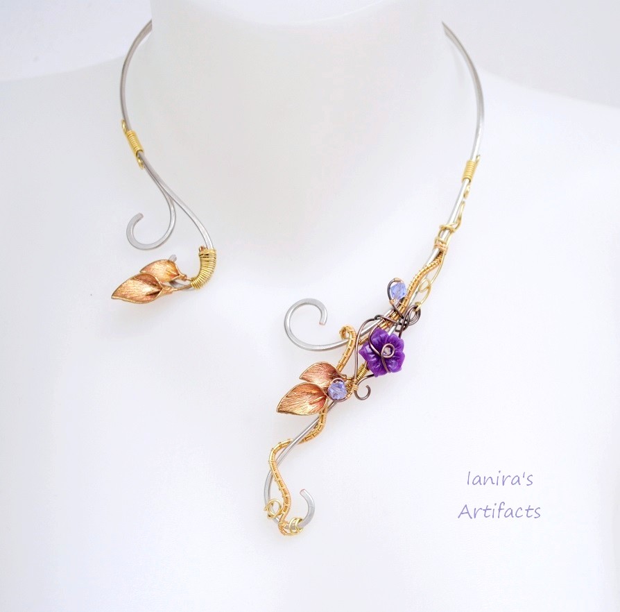 Wire wrapped necklace with purple flower