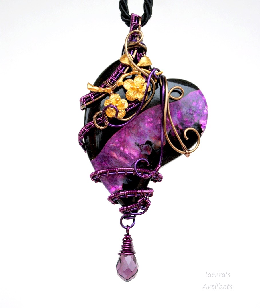 Black and purple wire wrapped agate heart pendant