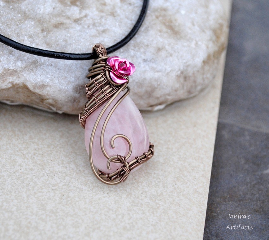 Rose quartz drop wire wrapped pendant