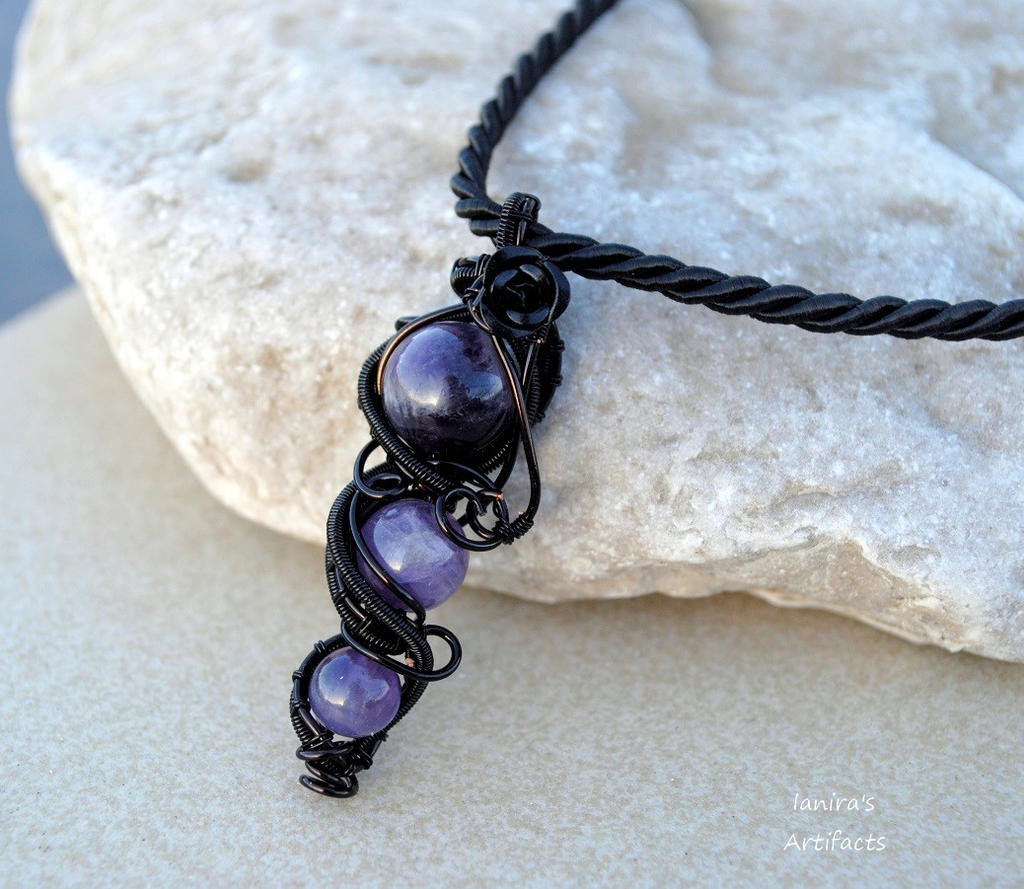 Amethyst beads wire wrapped goth pendant