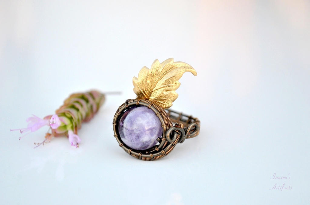 Amethyst wire wrapped ring with brass leaf