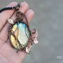 Labradorite wire wrapped pendant with leaves, ooak