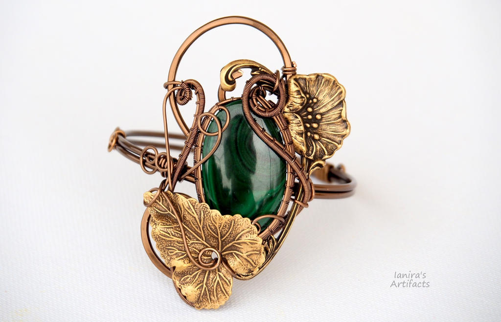 Art Nouveau inspired Malachite wire wrapped bangle