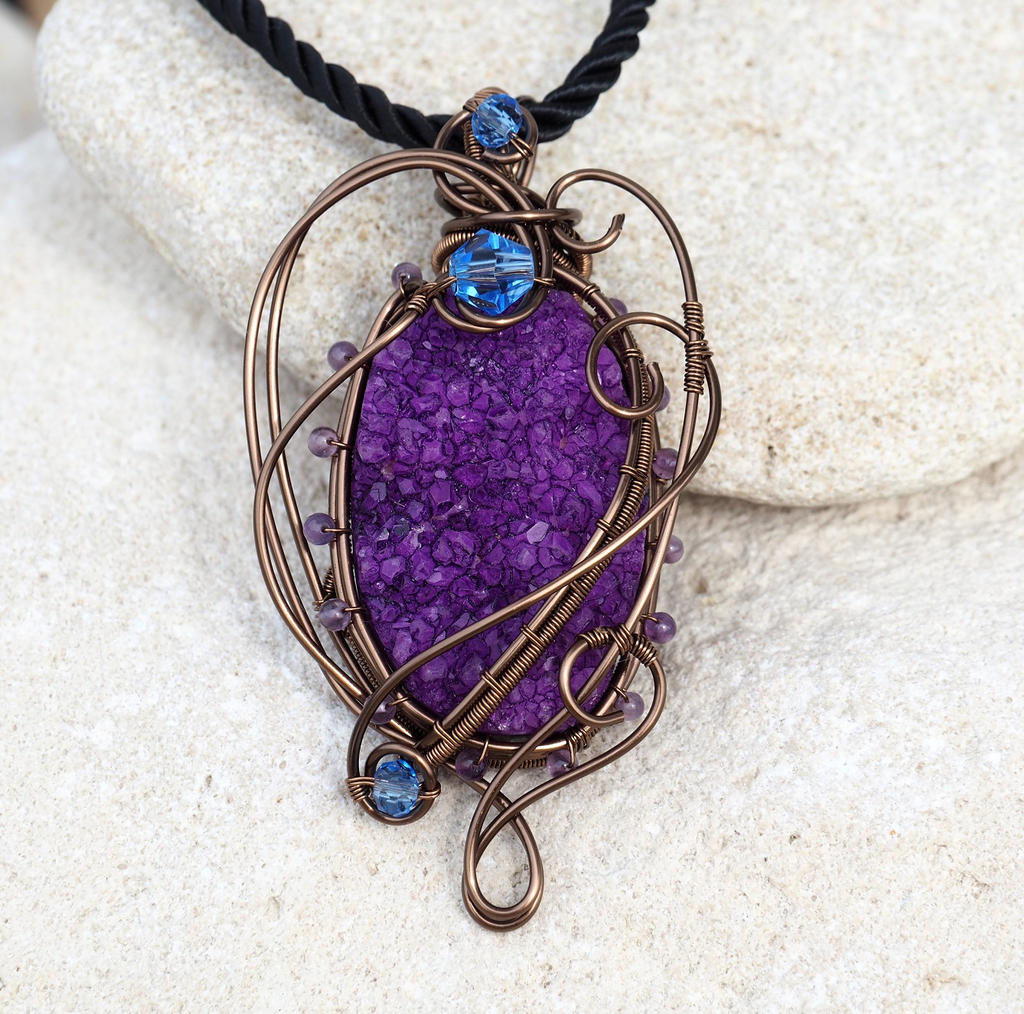 Purple druzy agate wire wrapped pendant