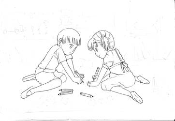 two kids coloring