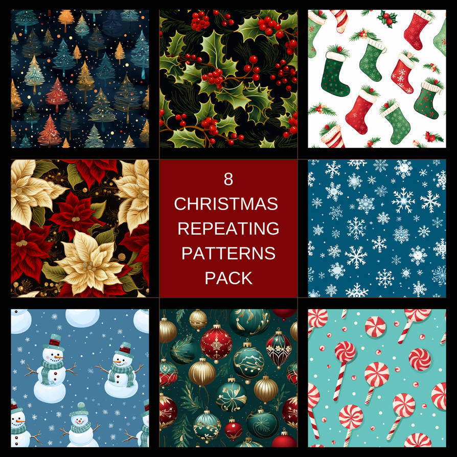 8 UNIQUE CHRISTMAS THEMED REPEATING PATTERN TILES by SparkletrailStudio ...