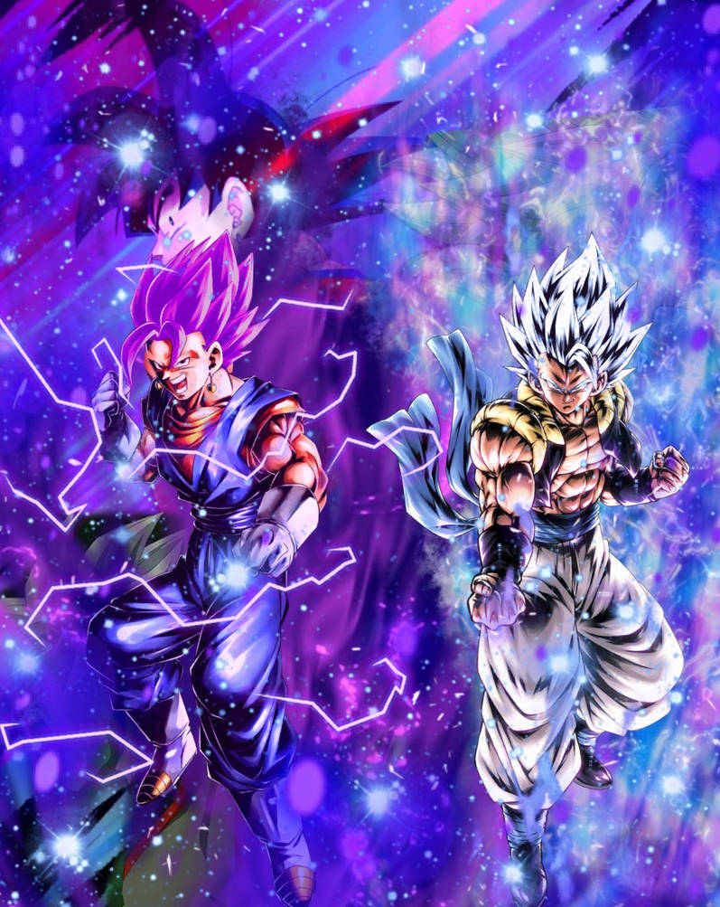 Gogeta ssj5 with purple and silver hair and ultra ego marks on his