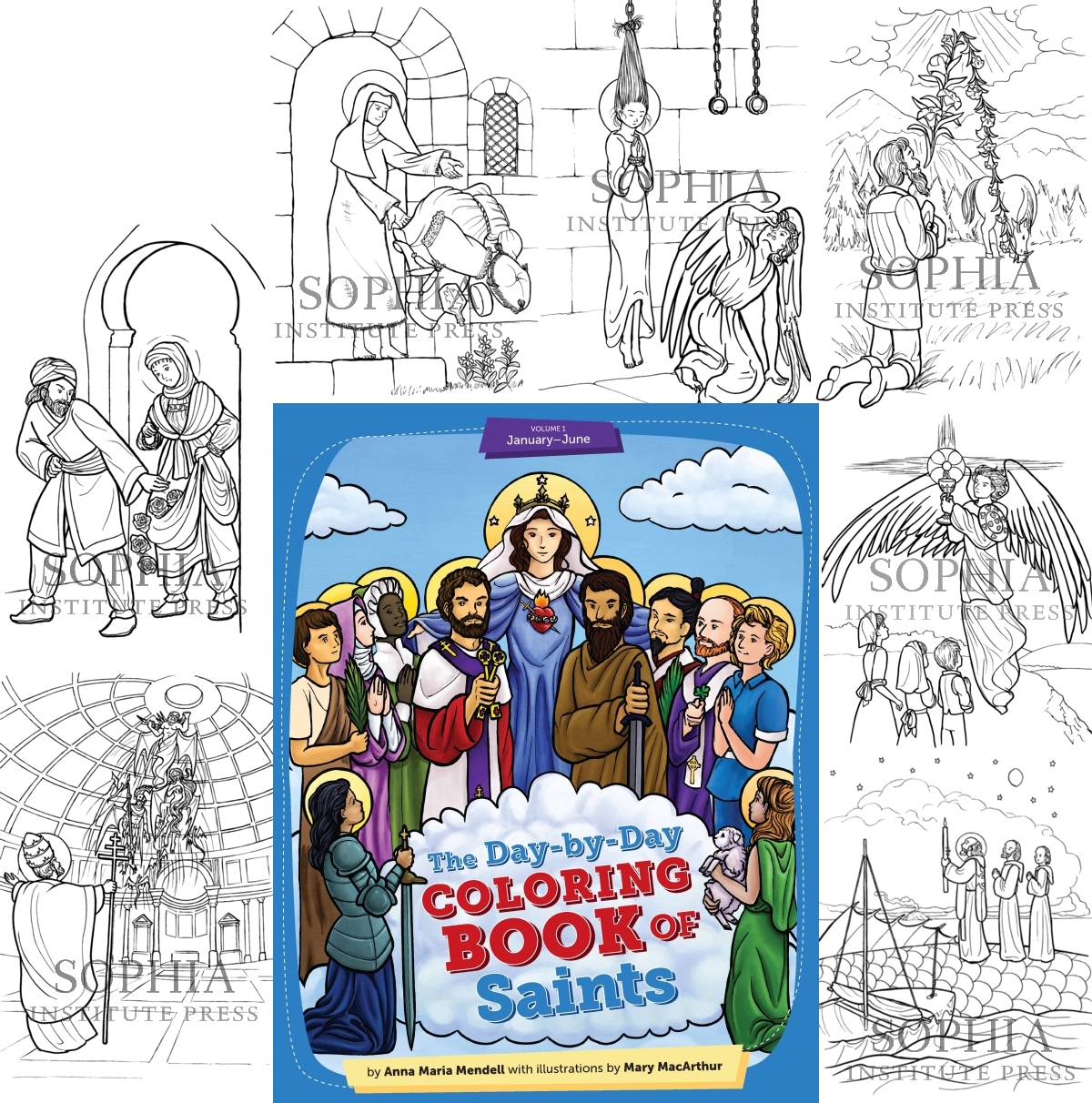 Day-by-Day Coloring Book of Saints cover + pages
