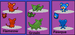 Fakemon starters: Flameow, Grovin, and Pawqua