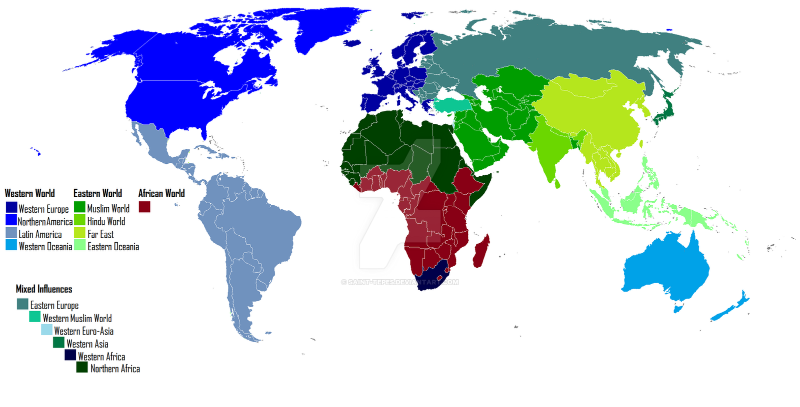 World cultures map  western world eastern world