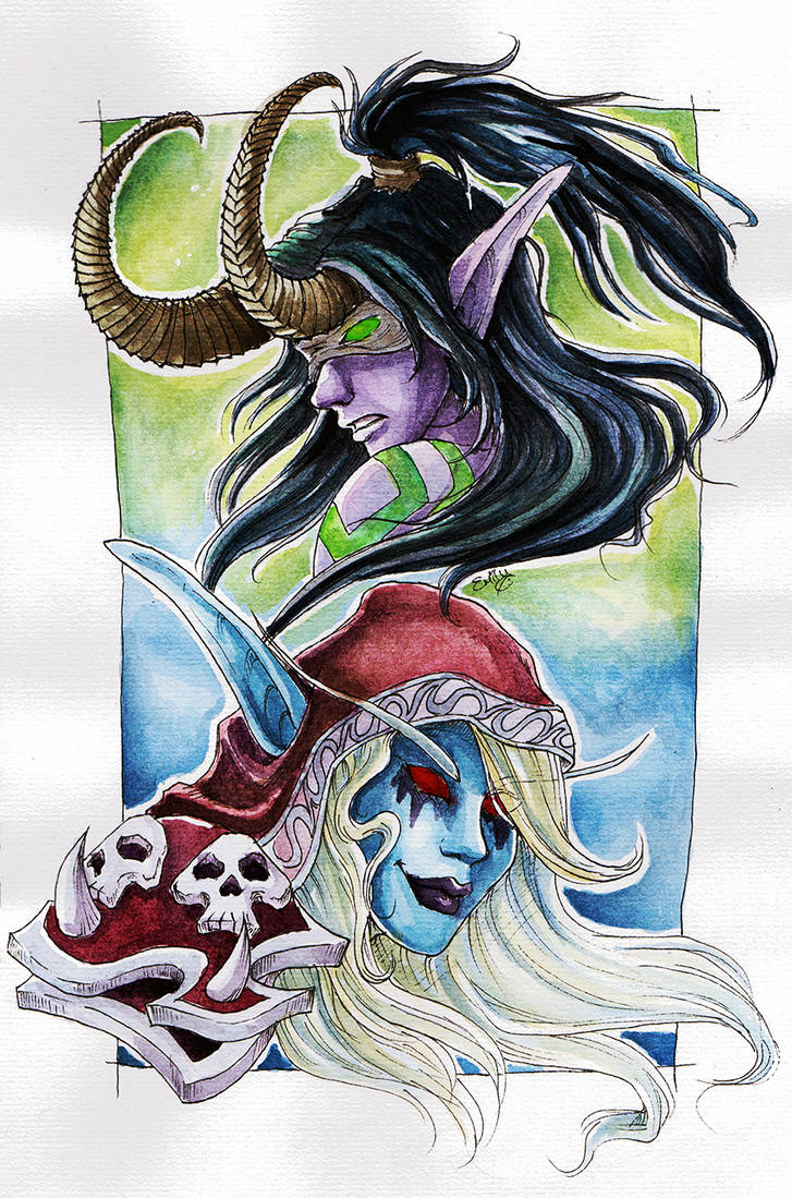 Illidan and Sylvanas - Watercolour by cowgirlem