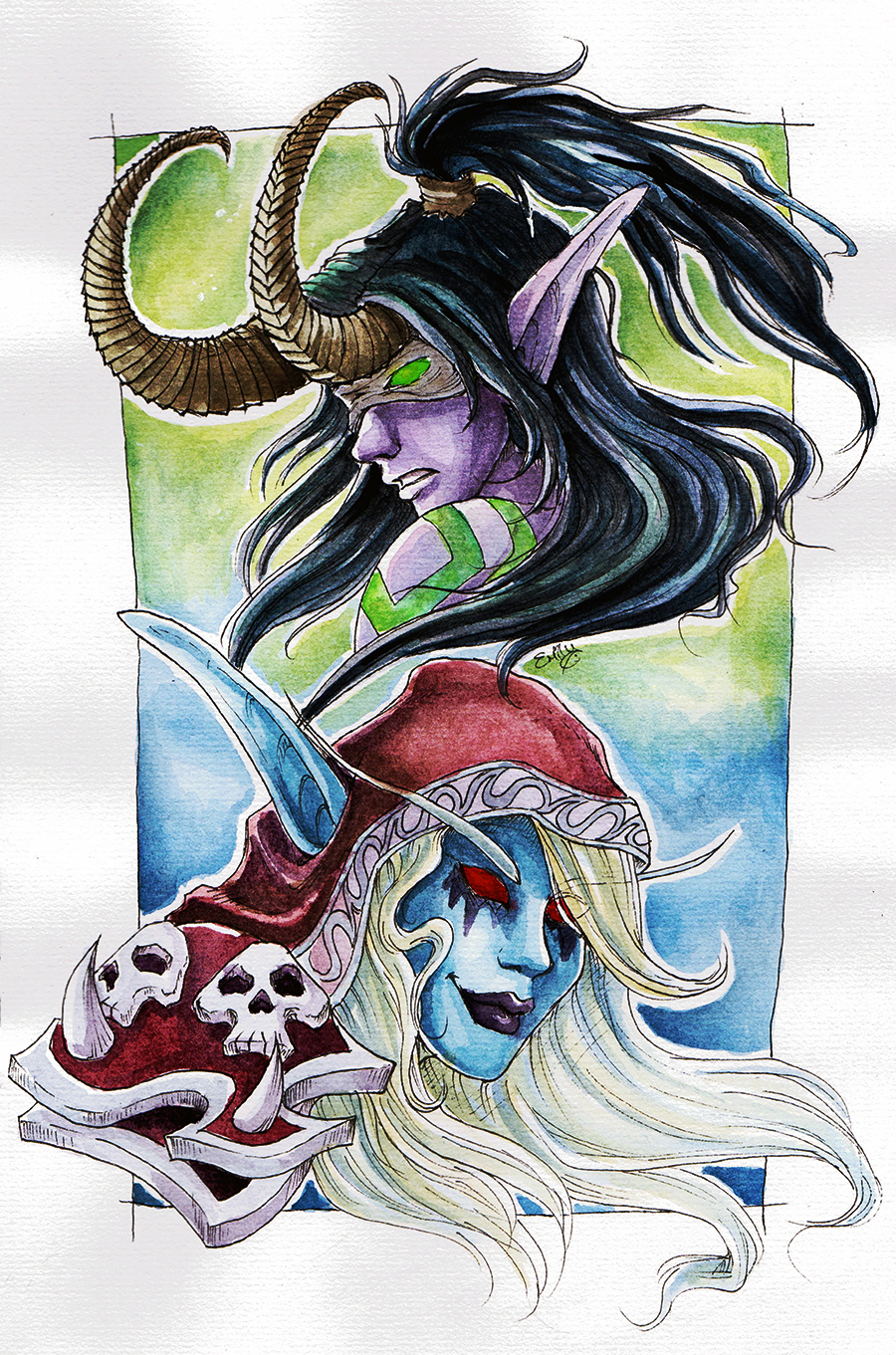 Illidan and Sylvanas - Watercolour by cowgirlem