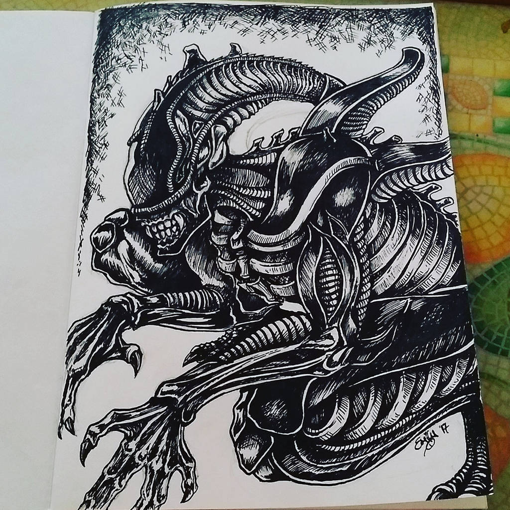 Xenomorph ink practice by cowgirlem